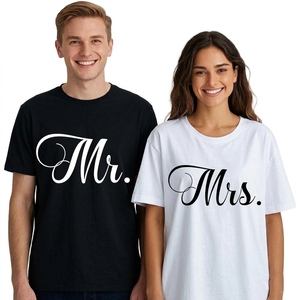 T-shirts de couple assortis en gros, classiques, imprimés « Mr. & Mrs. », cadeau de mariage, décontractés, à manches courtes et col rond - Product Image 1