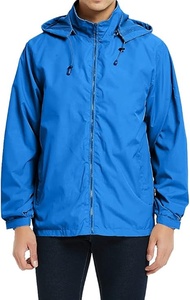 Blue Hooded Windbreaker <b>Jacket</b> Full Sleeve Zipper Closure Waterproof Casual Solid Color Regular Length Outerwear - Product Image 2