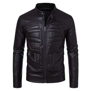 Blouson moto en cuir noir pour homme, col montant, fermeture éclair, coupe ajustée, couleur unie, pour l'automne - Product Image 1