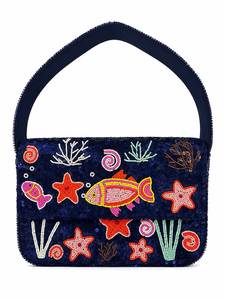 <b>Light</b> Blue Leopard Beaded Zipper Closure 3pcs Women's Shoulder Bag Handmade Ocean Theme Embroidered Handbag - Product Image 3