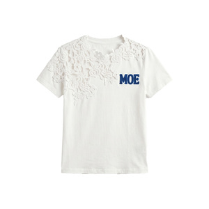 Trendy Floral Lace Overlay Cotton women's shirt Chenille Embroidered Custom Logo Half Sleeve Regular Fit Hybrid Casual T-Shirt - Product Image 3