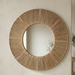 Miroir mural en jonc de mer naturel tissé à la main – Grand miroir rond décoratif style bohème côtier - Product Image 1