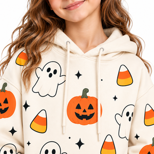 Sudadera con capucha de invierno para niñas, color crema, con estampado de fantasma, calabaza y dulces de Halloween, de forro polar, con bolsillo canguro, de secado rápido - Product Image 2