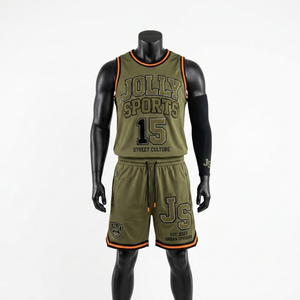 Conjunto corto de malla de poliéster transpirable para hombre, 170 GSM, uniforme de baloncesto verde oliva con ribete naranja, conjunto corto de tela twill para hombre - Product Image 1