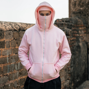 Top Quality Balaclava Hoodies Light <b>Pink</b> Color Zipper Up Long Sleeve Warm Winter Balaclava Hooded Sweatshirts - Product Image 2