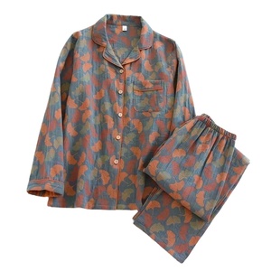 2025 Nueva Primavera Verano pijama térmico para mujer traje de manga larga 100% algodón crepé con hojas de flores ropa de casa de dos piezas - Product Image 2