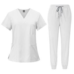Ensemble de blouses médicales roses pour femmes, col en V, manches courtes, polyester, pantalon d'hôpital avec ceinture - Product Image 3