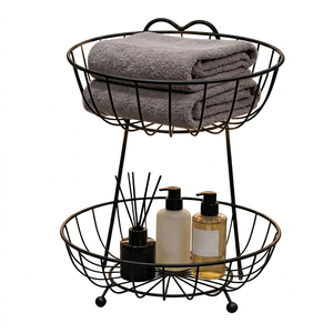Panier de rangement en fil métallique à 2 niveaux avec poignées, organisateur de salle de bain moderne circulaire pour serviettes et articles de toilette - Product Image 1