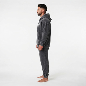 Conjunto de Sudadera con Capucha y Pantalones Deportivos Oversize para Hombre, Color Carbón, con Lavado Ácido, Hombros Caídos, Bolsillo Canguro y Cordón Ajustable, Estilo Casual de Dos Piezas - Product Image 3