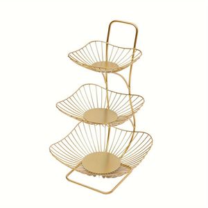 Elegant Gold Mesh Wire Three Tier Tabletop <b>Plate</b> <b>Stand</b> Storage Display Rack Ideal for Home Kitchenware and Equipment - Product Image 3