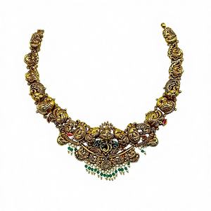 Classic Antique Temple Goddess Lakshmi Pendant <b>Necklace</b> Peacock Motifs Green Bead Drops 22K Solid Gold Traditional Wedding Party - Product Image 1