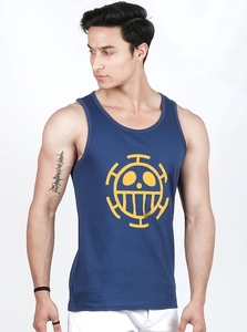 Men's Navy Blue Sleeveless Tank <b>Top</b> With Yellow <b>Skull</b> Logo Print O-Neck Casual Style 100% Cotton Breathable Knitted Fabric - Product Image 5