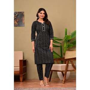 Salwar Kameez ethnique en coton noir à imprimé floral pour femme, manches trois quarts, longueur mollet, pantalon droit long, Kurta, pour fête et mariage - Product Image 2