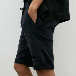 Shorts en jean déchiré slim fit pour homme, taille à cordon, style décontracté en coton, noir - Product Image 2