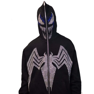 Men's <b>Black</b> Hooded Fleece <b>Jacket</b> With <b>Sequin</b> Spider Emblem Glitter Print Front Zipper Streetwear Winter Wear Rhinestone Pullover - Product Image 2