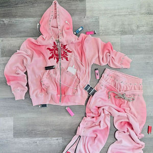 Conjunto Deportivo Unisex Premium Ecológico con Lavado Ácido Sólido 2026, Sudadera con Capucha y Cremallera Completa con Gráfico de Sol Rosa Lavado y Detalles Tachonados, y Joggers de Forro Polar Grueso - Product Image 1