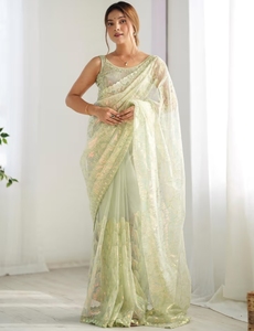KV Women's <b>Net</b> <b>Light</b> Green Embellished Designer Saree With Unstitched Blouse - Product Image 5