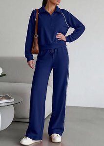 Unisex <b>Navy</b> Blue Half Zip <b>Sweatshirt</b> Set Loose Fit French Terry Casual Solid Color Autumn Wear With Pocket Design - Product Image 6