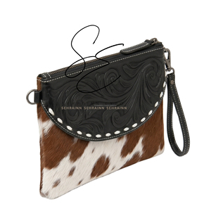 <b>Tooled</b> <b>Leather</b> Wristlet Clutch Real Hair On Cowhide Zipper <b>Pouch</b> Buckstitch Lacing Western Handbag Custom OEM Wholesale Brown - Product Image 2