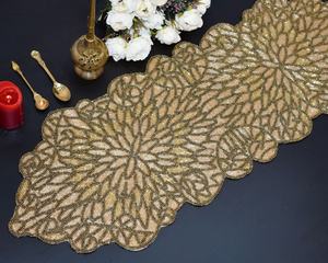 Glam Fabric <b>Table</b> <b>Runner</b> Irregular Shape <b>Gold</b> Beaded Edge Non-Slip Design Decorative Mat - Product Image 3