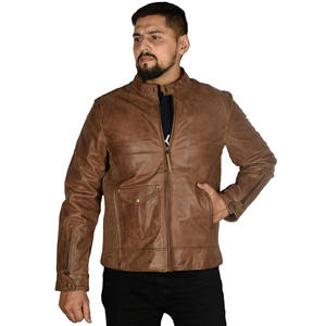 Veste en cuir véritable pour homme, style motard, marron vieilli, col mandarin, coupe ajustée, style vintage - Product Image 3