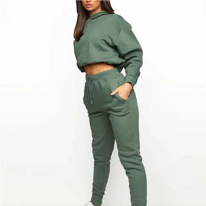 Ensemble sweat-shirt à capuche court vert oversize avec pantalon de jogging à cordon de serrage, tenue décontractée d'automne unisexe, couleur unie avec poches - Product Image 1