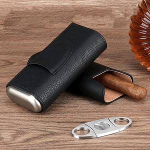 Estuche compacto de cuero para cigarros, estilo ejecutivo, con cortador integrado y acabado en cuero para uso diario, venta al por mayor a bajo precio. - Product Image 2