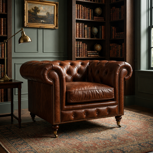 Sillón Chesterfield de Cuero Marrón, Estilo Moderno de Mediados de Siglo, Patas de Madera Maciza, para Sala de Estar, Dormitorio, Hotel, Cuero Genuino - Product Image 1
