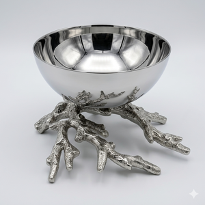 ชามผลไม้เงินแบบตอกลายทันสมัยพร้อมขาตั้งรูปกิ่งไม้ ชามสลัดโลหะสุดหรูสำหรับตกแต่งบ้านและห้องนั่งเล่น - Product Image 1