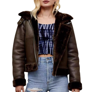 Chaqueta de cuero auténtico para mujer, estilo bomber, con cremallera, en color marrón/negro, con forro de piel de oveja, ideal para motociclistas. - Product Image 5