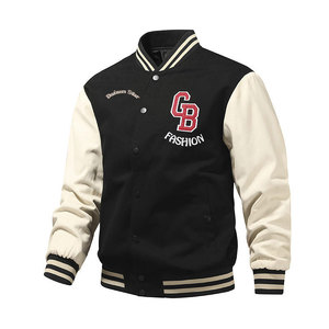 Men's Varsity Jacket Black Cream Sleeve Letter Embroidery Preppy Style Autumn Wear Polyester Cotton Material - Product Image 1