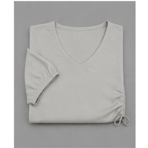 Camiseta Ajustada de Manga Corta con Cuello en V y Mangas Abullonadas en Gris Claro para Mujer WTS-0064 - Product Image 4
