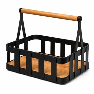 Panier de rangement moderne en métal de qualité supérieure avec un cadre en acier noir mat durable et une base en bambou naturel avec poignée - Product Image 1