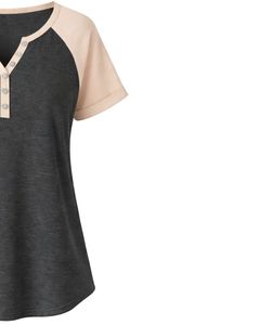 T-shirt Henley à manches courtes pour femme, gris anthracite beige, en coton doux, coupe décontractée, respirant, idéal pour l'été et le quotidien - Product Image 4
