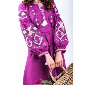 Tunique brodée à col rond et manches longues, longueur cheville, style ukrainien, pour femme, imprimée au bloc, dernière collection - Product Image 5