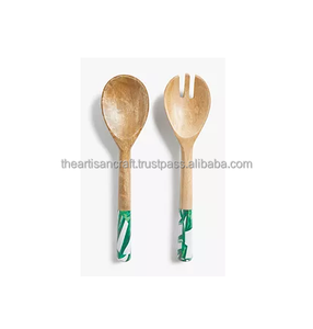 Wooden Salad Servers With Enamel Printed Handle Kitchen Accessories Salad Server Trendy Look Wholesale Acacia <b>Spoon</b> & Fork Set - Product Image 1