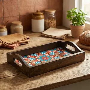Printed Wooden Serving <b>Tray</b> Handmade Mango Wood Platter with Handles Rectangular Tea <b>Breakfast</b> <b>Tray</b> for Kitchen Dining Table - Product Image 6