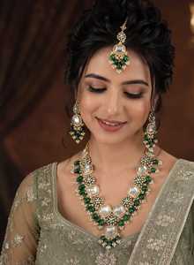 Royal <b>Ruby</b> Mirror Bridal <b>Necklace</b> Set with Matching Earrings and Maang Tikka Gold Plated Traditional Wedding Jewelry Set - Product Image 2