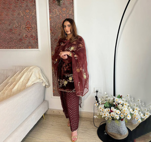 Awesome Slim Fit Ladies Salwar Suit Diwali Festival Wear Top-Bottom-Dupatta Set Embroidery Work Indian Pakistani Clothing - Product Image 1