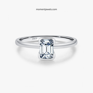Elegant <b>Emerald</b> Cut Moissanite <b>Ring</b> Luxury Rhodium Plated 925 Sterling <b>Silver</b> <b>Rings</b> Simple Beaded Band Colorless DEF VVS - Product Image 1