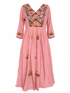 Kurti Midi de Algodón Tejido Bordado Rosa con Cintura Natural y Corte en A, Estampado Floral, para Mujer, Ideal para Bodas y Fiestas - Product Image 1