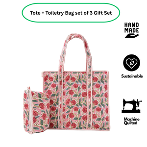 Sac fourre-tout bohème floral imprimé au bloc de Jaipur + Trousse de toilette assortie à fermeture éclair en pur coton matelassé durable et réutilisable - Product Image 2