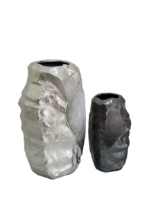 Modern Abstract Metal <b>Vase</b> Set, Sculptural Tabletop Flower <b>Vases</b> for Home Decor, Unique Organic Textured Silver & Black Finish - Product Image 1