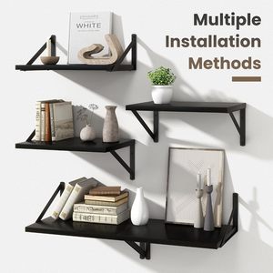 Set of 2 <b>Black</b> Floating Wall Shelves with Heavy Duty Metal Triangle Brackets Modern Wooden Display Shelves for Living Room <b>Bed</b> - Product Image 4