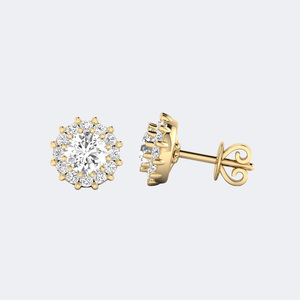 Boucles d'oreilles clous plaquées or 1,50 carat avec halo rond et grappe de fleurs, cadeau d'anniversaire de mariage - Product Image 1