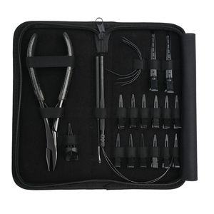 Kit professionnel d'outils pour extensions capillaires en acier inoxydable : Pince à sertir plate, ensemble de crochets et boucles, pinces de sectionnement bec de canard, séparateur de mèches - Product Image 1