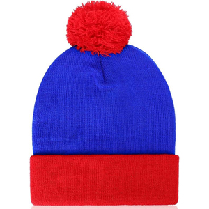 Unisex Blue <b>Red</b> Color Blocking Beanie With Pom Pom Winter <b>Hat</b> Casual Wear Adult Size 56-58CM Acrylic Knitted <b>Hat</b> - Product Image 1