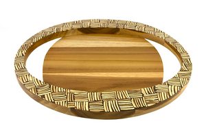 Bandeja Redonda Bohemia de Madera de Teca de 40 cm con Incrustaciones Abstractas de Cáscara de Coco, Bandeja de Servicio Natural para Bodas, Cumpleaños, Mesa de Comedor, Bali - Product Image 3