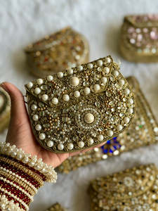 Handmade Fashion Bridal Kundan Mosaic Clutch Bag <b>Crystal</b> Stone Pearl Bead <b>Mirror</b> Work Multifunction Wedding Evening Ethnic - Product Image 1