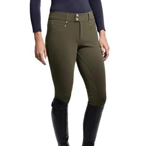 Pantalon d'équitation taille haute pour femme, vert olive, extensible dans quatre directions, fermeture boutonnée, couleur unie - Product Image 4